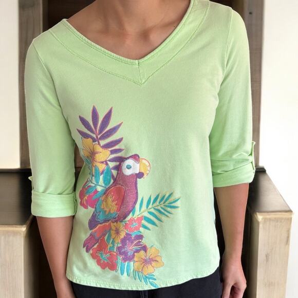 Sun Bay Tops - Pastel Embellished Parrot Shirt Sequin Lime Green Petite Small